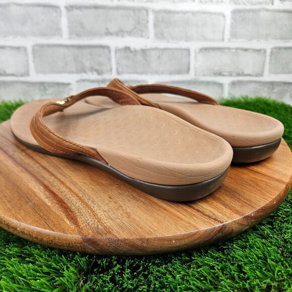 Vionic Tide Aloe Thong Sandals Womens 10 Brown Leather Comfort Flip Flop Slip On - Picture 4 of 10